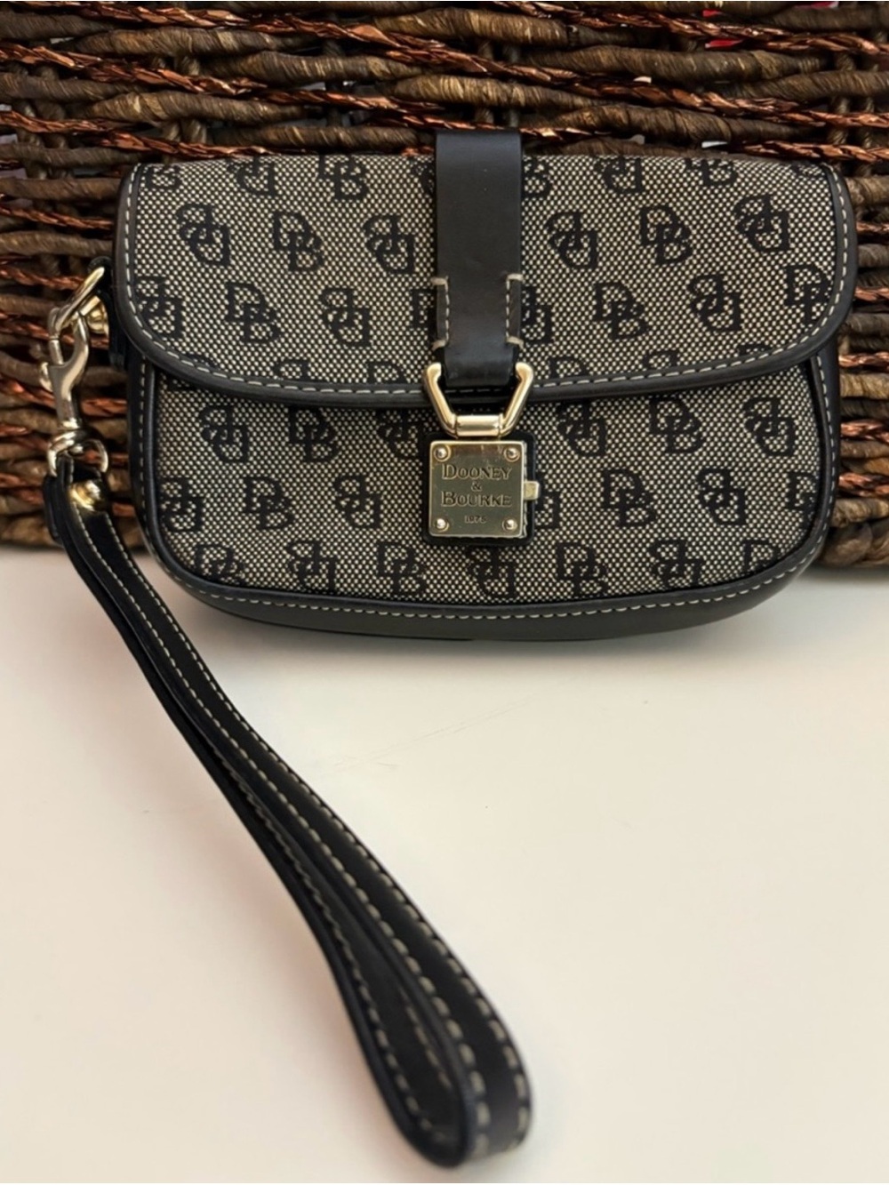 Dooney & Bourke Black and Grey Signature Wristlet with Gold Hardware